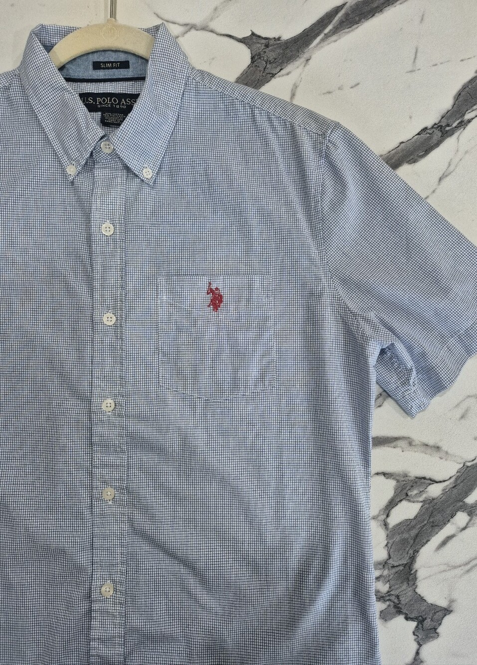 US Polo Assn Short Sleeve Button Down Shirt, Mens Slim Fit Medium, Blue Check - Picture 2 of 14